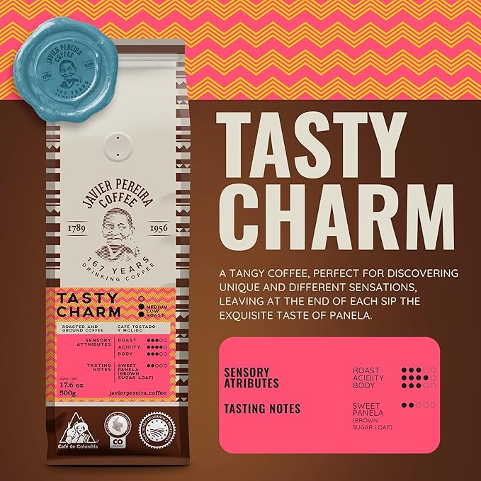 Javier Pereira Coffee - Tasty Charm Colombian Specialty Coffee – Medium Roast Ground – 100% Arabica – Certified Café de Colombia – panela notes - 17.6 Oz
