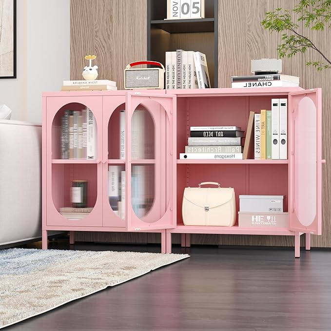 Small 2 Transparent Door Metal Storage Side Buffet Cabinet for Bed Room,Living Room,Entryway,Hallway,Home,Hotel,Office,Garage,Kitchen,1 Removable Shelf. (Transparent Door, Pink)