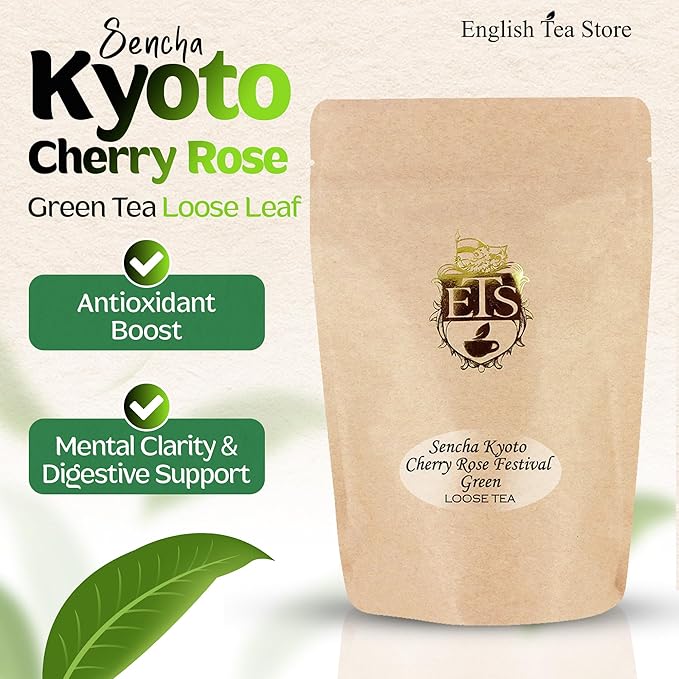 Sencha Kyoto Cherry Rose Festival Green Tea | Loose Leaf Japanese Style Green Tea with Sweet Cherry and Rose Flavor | 16oz Pouch | Great Hot or Iced | Steamed Sencha Tea | English Tea Store