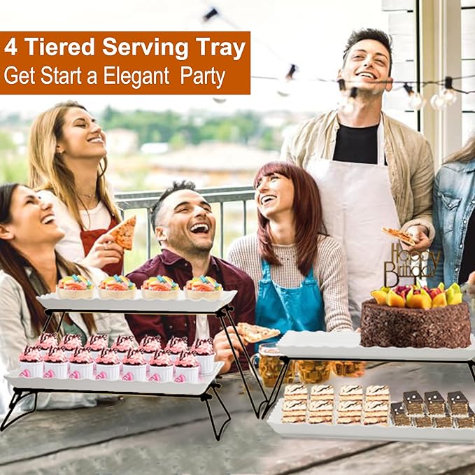 KAQAHIDO Extra Large 4 Tier Serving Tray Set, 34x22x10 inch Wave Edge Melamine Dessert Table Display Set, Tiered Trays Stand for Party Buffet Entertaining, Black and White