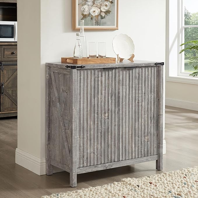 32-inch Fluted Sideboard Cabinet - Rustic Modern Farmhouse Storage Organizer with Adjustable Shelves, Coffee Bar, Entryway Furniture for Kitchen, Living Room (Grey)