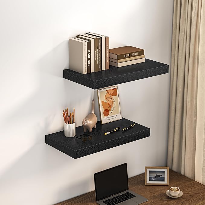 Dreamland 24" Floating Shelves for Wall, 12" Deep Thicker Black Floating Shelves, Wall-Mounted Shelves for Bedroom, Living Room, Kitchen, Bathroom - Set of 2