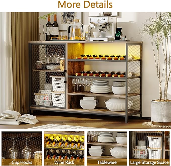 Wine Bar Cabinet with USB Charging & RGB Lights, Modern Liquor & Coffee Bar Station with Adjustable Shelves, Glass Holder, for Kitchen, Living Room, Dining Room