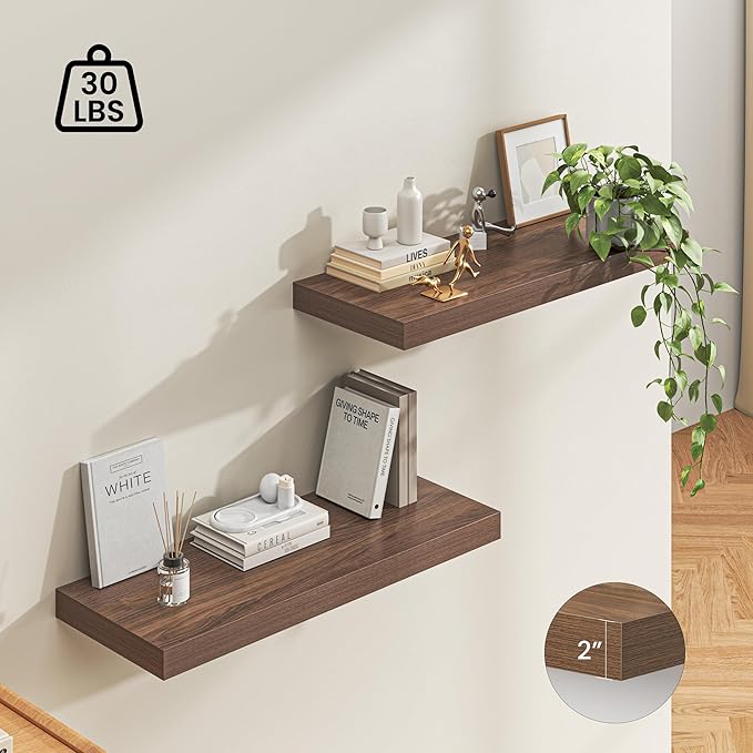 Dreamland 36" Floating Shelves for Wall, 12" Deep Thicker Walnut Floating Shelves, Wall-Mounted Shelves for Bedroom, Living Room, Kitchen, Bathroom - Set of 2