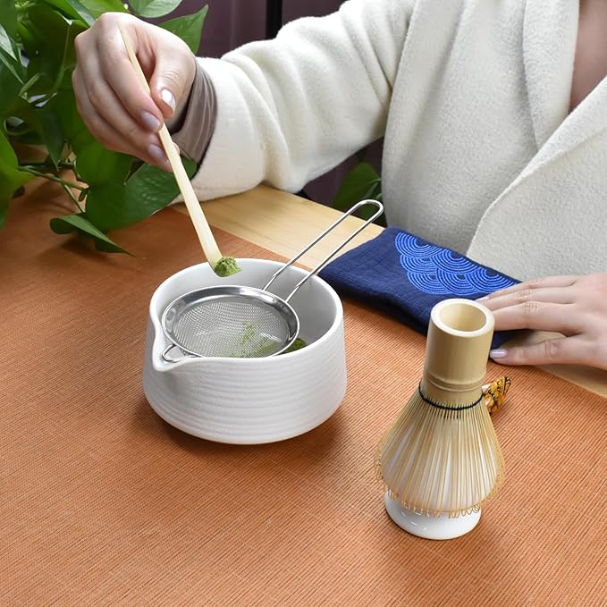Artcome Matcha Tool Set - Complete Kit with Matcha Bowl with Spout, Bamboo Whisk, Tea Scoop, Whisk Holder, Scoop Holder, Tea Cloth & Powder Strainer, Porcelain White