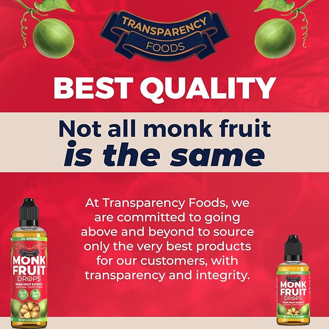 Monk Fruit Extract (6 Drops = 1 Tsp of Sugar) Zero Calories, Non-GMO, No Fillers - Liquid Monk Fruit Sweetener No Erythritol by Transparency Foods NEW FORMULA (3.4oz, 333 servings)