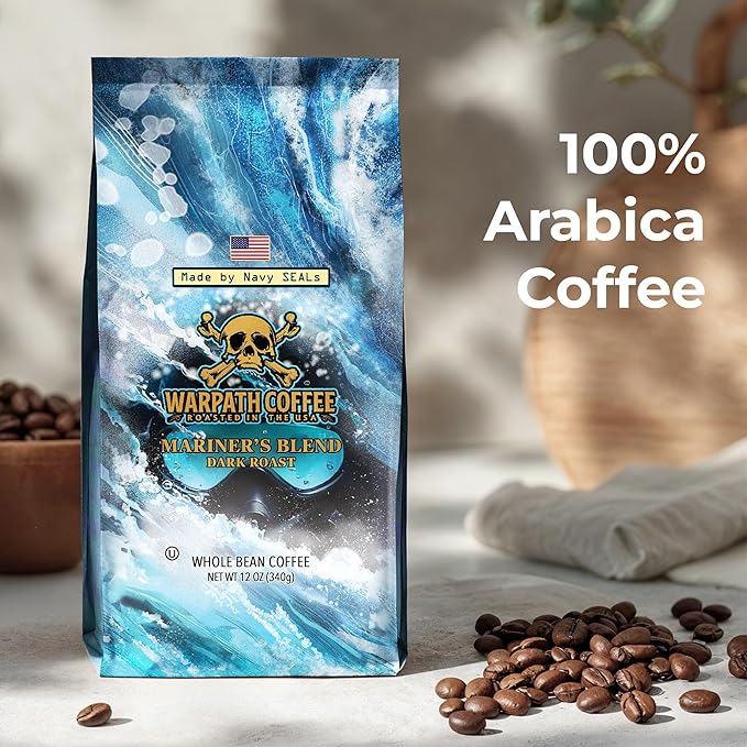 Warpath Coffee Dark Roast Whole Bean Coffee, Mariner's Blend, High Caffeine, Extra Strong Roasted 100% Arabica Coffee Beans Whole, Rich Aroma, Full-Bodied Intense Cup, Created by Navy SEALs, 12oz