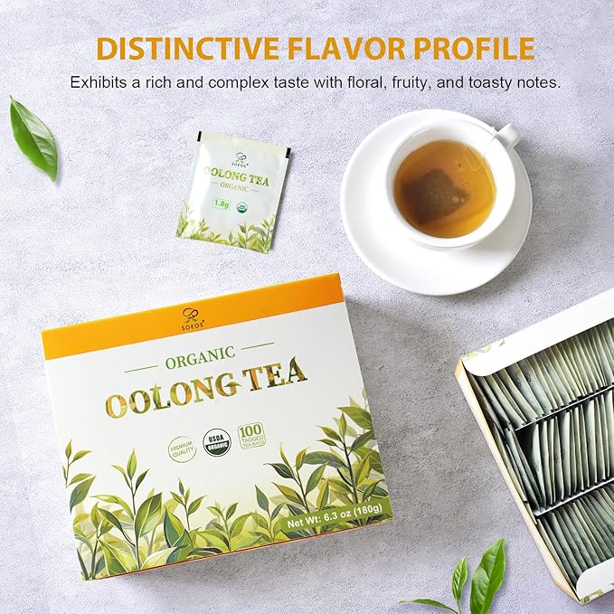 Soeos Organic Oolong Tea, 100 Tea Bags, Low Caffeine, Hot and Cold Brew, Fresh and Healthy Oolong Tea, 6.3 Ounce