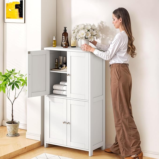 Nuturelly Bathroom Floor Storage Cabinet, Freestanding Pantry Cabinets with 4 Doors & 3 Adjustable Heights, Bathroom Organizers and Storage Waterproof Board & Metal Handles for Kitchen, Creamy White