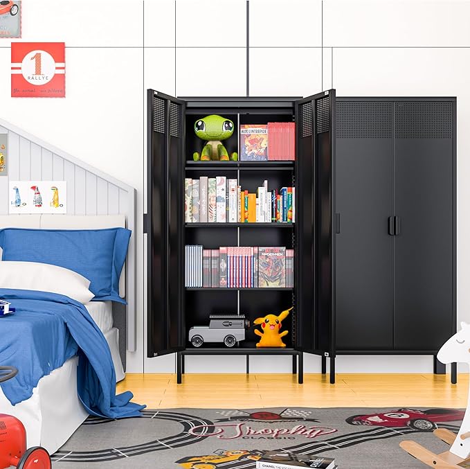 Metal Storage Cabinet with 2 Doors and 3 Adjustable Shelve,61" Black Kitchen Pantry Storage,Office Steel Cabinets Locker for Kitchen,Living Room,Dining Room,Home,Office