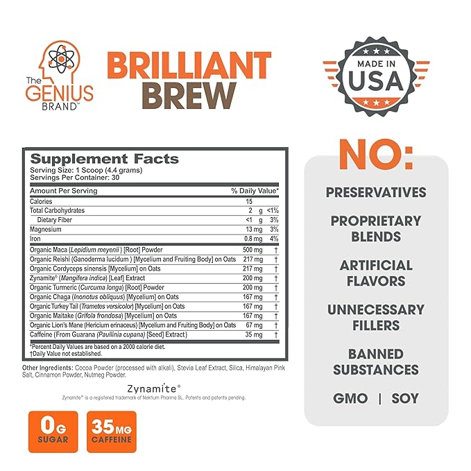 The Genius Brand Genius Brilliant Brew - Natural Coffee Substitute for Clear Thinking, Energy & Immune Support - No Crash or Jitters - Powered by Nootropics - Non-GMO - 30 Servings - Sweet Cocoa