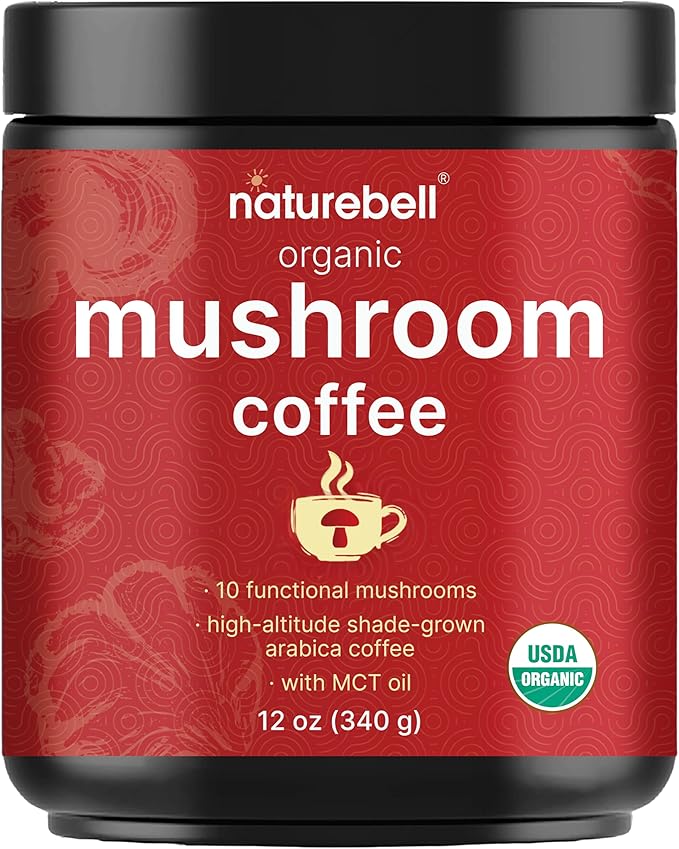 NatureBell Organic Mushroom Coffee with MCT Oil, 12oz (85 Servings) | 10-in-1 Adaptogenic Blend with Lion’s Mane, Reishi, Shiitake, Chaga & More | Instant Mix
