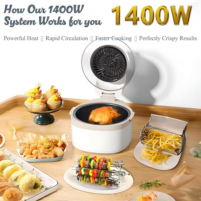 Rotatable 8-in-1 Air Fryer Toaster Oven Combo 7.5QT Large Glass Air Fryer, Rapid HotAir Tech, Family-Size Smart Cooker, Trending Modern Kitchen Essential for Healthy Meals (Off-white)