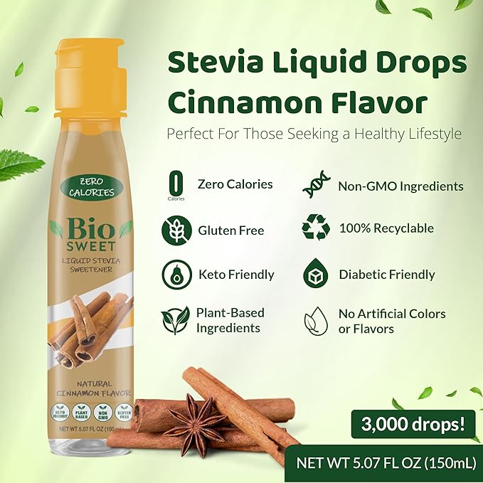 BioSweet Stevia Drops - Cinnamon Flavor | Zero Calorie Liquid Sweetener | Non GMO, Keto & Diabetic Friendly, Gluten Free, Vegan | Nothing Artificial | 3,000 drops (5.07 Fl Oz)