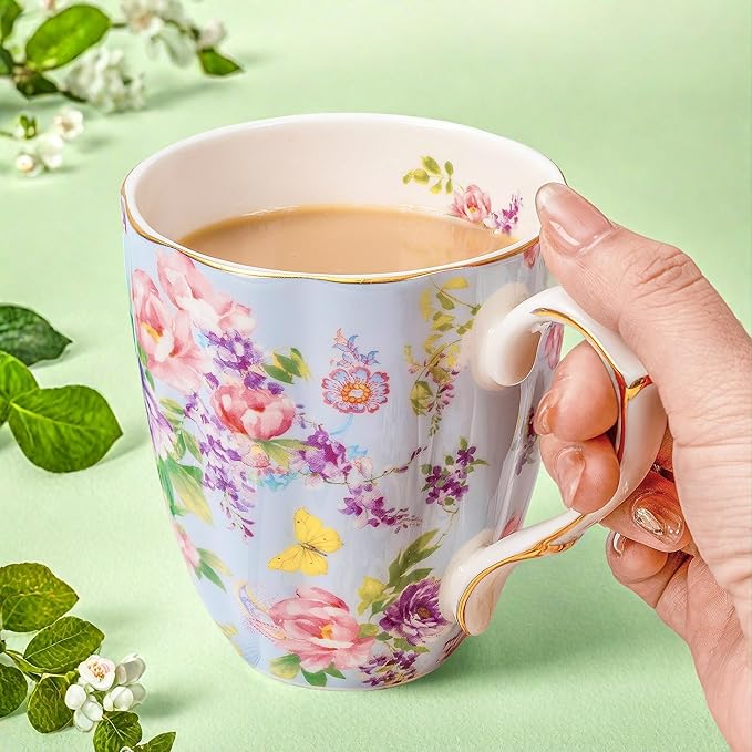 13oz Bone China Floral Mug with Gold Bone China Coffee Mugs Bone Teacup Christmas Mugs Birthday Gifts for Women Mom Friends Coworker