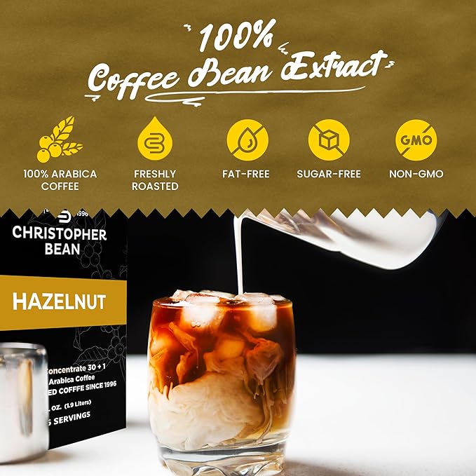 Christopher Bean Coffee - 396 servings, 30 to 1 Blend Bag in Box Liquid Instant Coffee or Cold Brew Coffee Concentrate - Hot or Iced Coffee - Hazelnut