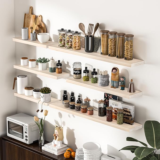 Fun Memories Farmhouse Floating Shelves - 8 Inch Deep Rustic Wood Wall Shelf - Premium Solid Pine Wood Storage Shelf for Kitchen Living Room Bedroom - 30" W x 8" D - Set of 2 - No Stain - Unfinished