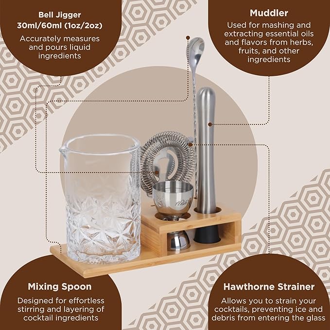 Cocktail 24oz Mixing Glass Set with Jigger, Muddler, Spoon, Hawthorne Strainer & Bamboo Stand - Mixology Pitcher for Stirrer Cocktails - Birthday Gifts for Friends & Family