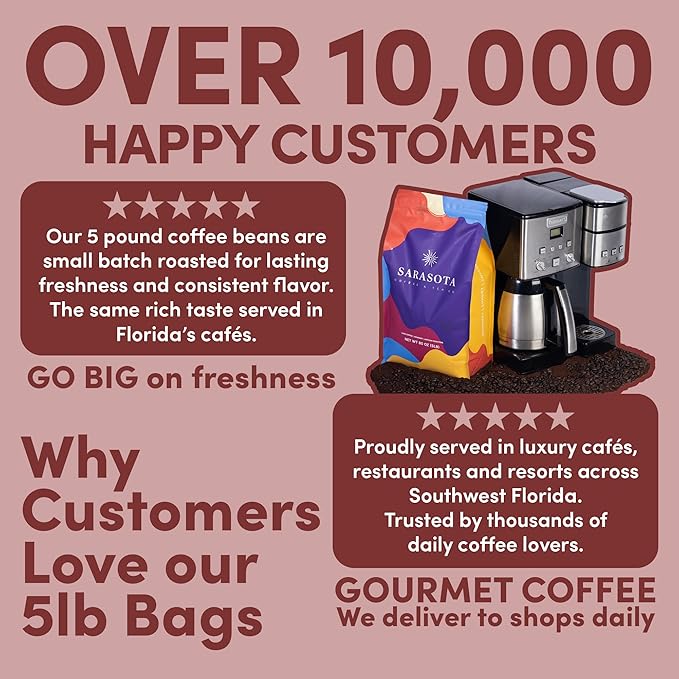 Sarasota Coffee Whole Bean Hazelnut | Medium Roast Gourmet Flavored Coffee Beans | Low Acid, Mold Free, Specialty Grade Bulk Beans | 5lb (80 oz)