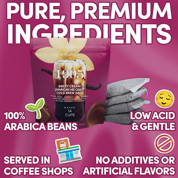 Sarasota Coffee 1905 Cold Brew Coffee Bags | Sweet Cream Jamaican Me Crazy | Blonde-Medium Roast | Smooth & Low Acid | Ground Filter Packs | Cold Brew Kit Makes 14 Cups | Creamy Vanilla & Caramel Notes