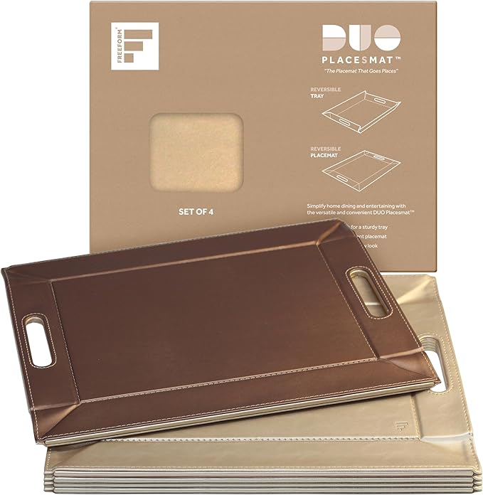 PLACEsMAT 2-in-1 Faux Leather Placemat & Serving Tray | Reversible Design, Lays Flat & Easy to Clean | Ottoman Food Tray, Perfect Housewarming Gift, 18” x 14” (Champagne & Bronze, Set of 4)