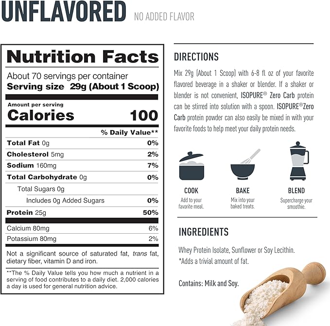 Isopure Zero Carb 100% Pure Whey Isolate Protein Powder, Lactose-Free, Gluten-Free, with Vitamins, Unflavored, 25g Protein Per Serving, 4.5 Lbs, 70 Servings (Packaging May Vary)