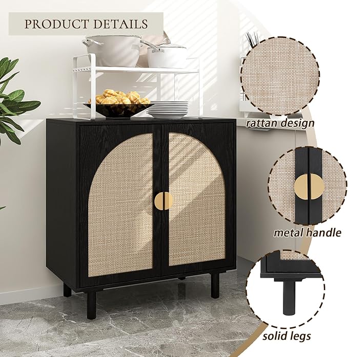 Sideboard Buffet Cabinet, 2-Door Rattan Cabinet, Coffee Bar with Adjustable Shelf, Wood Credenza for Living Room, Dining Room, Entryway, Black