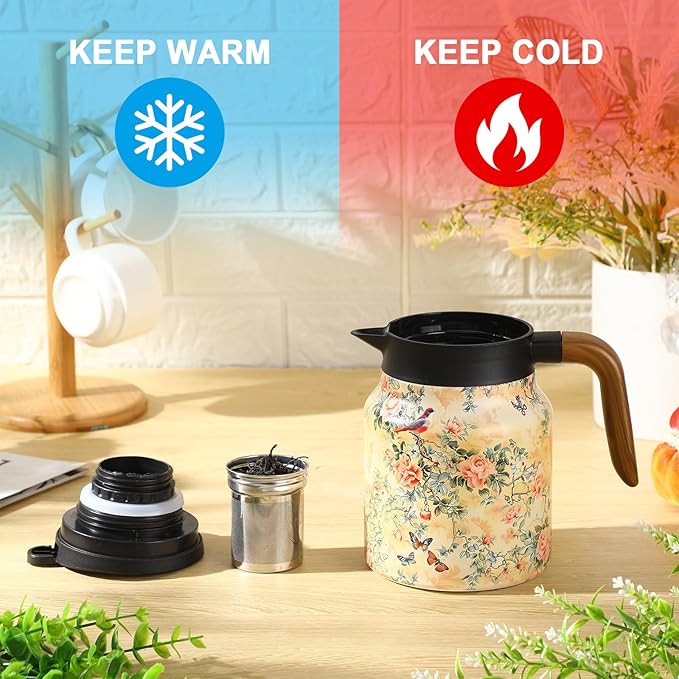 LemonRoad 2 Pcs Vintage Floral Pattern Tea Pot, Vintage Teapot with Infuser, Floral Pattern Tea Pot with Lid, Wooden Handle Thermal Carafe for Hot Drinks Coffee(Green, Pink)