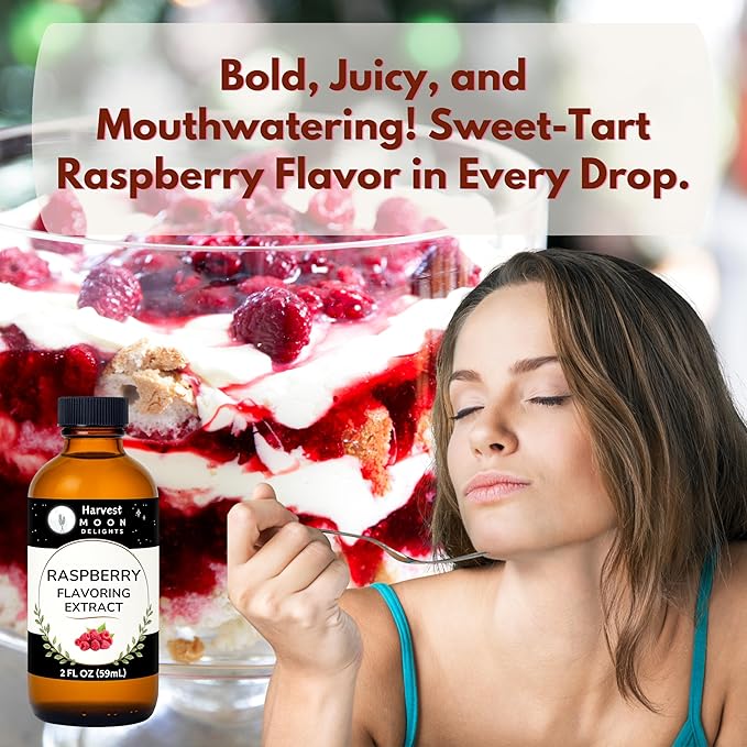 Natural Raspberry Extract - 2 oz - Water-Soluble - By Harvest Moon Delights - Raspberry Extract for Baking, Ice Cream, Drinks, and Candy - Flavoring, Flavor - Sugar-Free