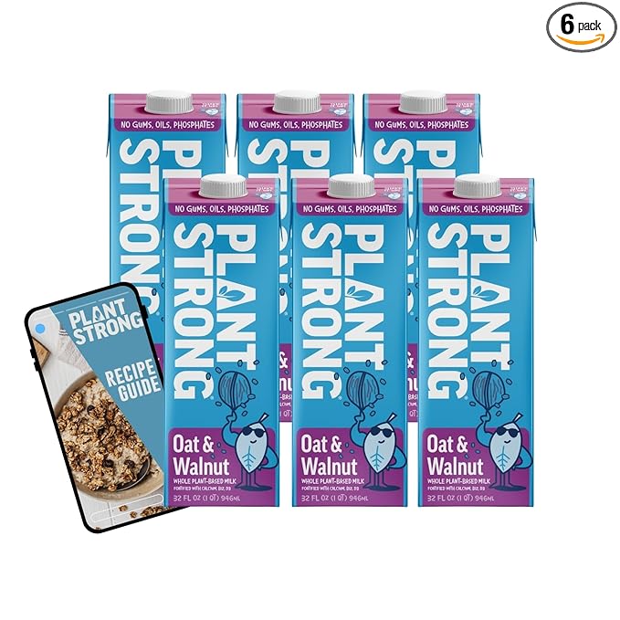 PLANTSTRONG Plant-Based Milks – Non-GMO, Plant-Based, Vegan, Gluten-Free, Dairy-Free, Lactose-Free, Shelf-Stable, No Gums or Oils (Pack of 6 (32 Fl. Oz.), Oat & Walnut w/Recipe Guide)