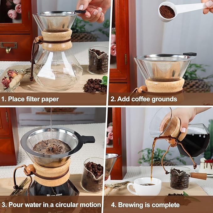 Pour Over Coffee Pot Set 400ml 13.5oz Features 304 Stainless Steel Filter Glass Coffee Pot with High Borosilicate Glass Duckbill Spout Design Solid Wood Handle Pour Over Coffee Daily Brewing