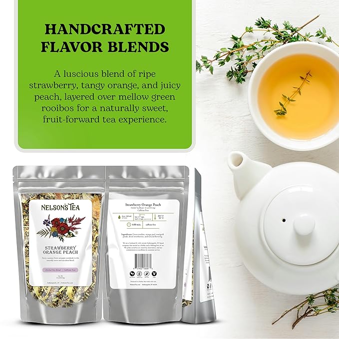 Nelson's Tea Strawberry Orange Peach - Caffeine Free Herbal Rooibos Loose Leaf Tea - Irresistable Blend of Green Rooibos, Orange Peel, Marigold and Strawberries - Fruit Loose Leaf (16 oz)