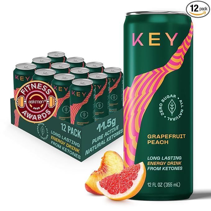 KEY Ketone Drink - Ketones for Energy & Focus, Sugar Free & Low Caffeine from Green Tea with L-Theanine, No Crash or Jitters, All Natural, Lightly Carbonated, Grapefruit Peach (Pack of 12)