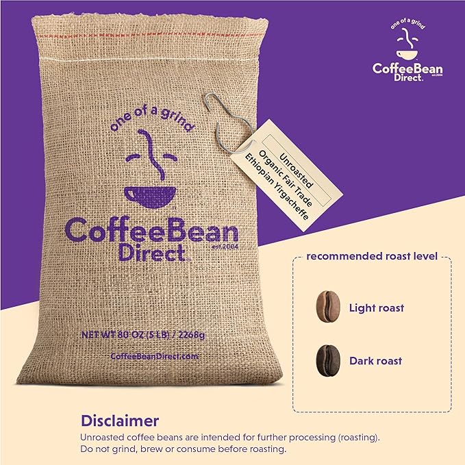 Coffee Bean Direct Unroasted Organic Fair Trade Ethiopian Yirgacheffe, 5 Pound (Pack of 1)