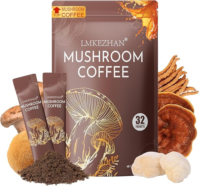 Mushroom Coffee, Organic Instant Coffee with 6 Adaptogenic Mushrooms (Lion's Mane, Reishi, Cordyceps & More), Boost Energy, Focus & Immune Support, Low Caffeine, Portable 32 Sticks