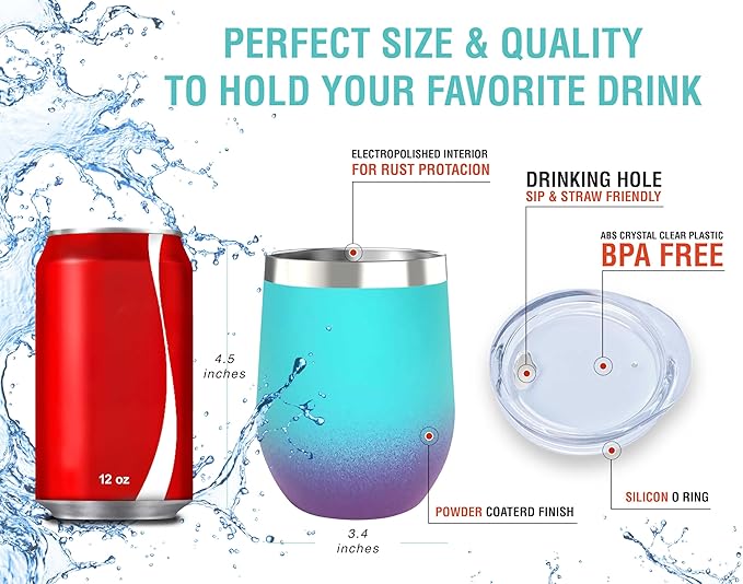 CHILLOUT LIFE 12 oz Stainless Steel Wine Tumbler with Lid - Double Wall Vacuum Insulated Wine Cup Glass Keeping Cold & Hot for Coffee, Champagne, Cocktails, Ice Cream - Powder Coated Caribbean Lily