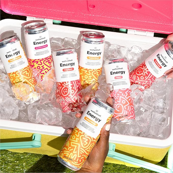 WellWithAll Energy Drink Variety Pack – Strawberry Lemonade, Fruit Punch, Tropical Mango, and Peach Flavors – Caffeine from Tea – With Vitamin C – Lightly Sparkling Beverage – Fruit & Veggie Juice Blend – 12 Oz (Pack of 12 – 3 Cans of Each Flavor)