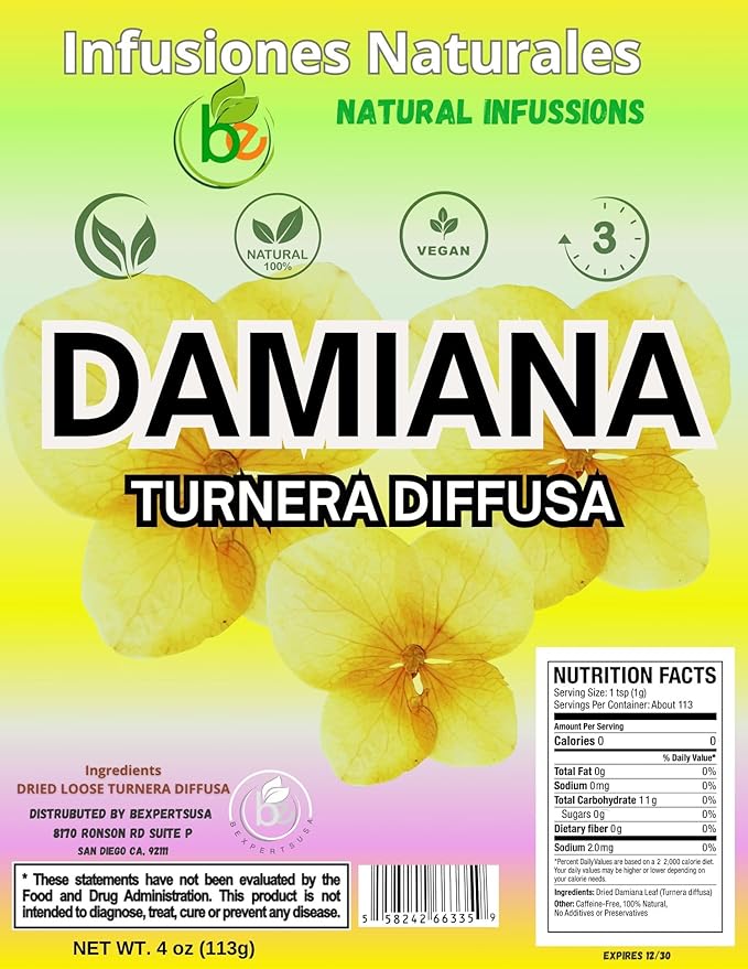 Damiana Leaf Te – 4 oz (113g) Loose Herbal Tea + Stainless Steel Tea Infuser – 100% Natural Turnera diffusa – Authentic Mexican Origin – Caffeine-Free, Non-GMO, Gluten-Free, Vegan By Bexpertsusa