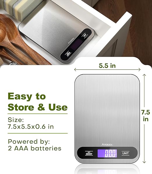 Atogou 0.01oz/33lb Food Scale, Digital Kitchen Scale with Full View LCD Display, Waterproof Stainless Steel Surface, for Cooking, Baking, Meal Prep Black&Grey