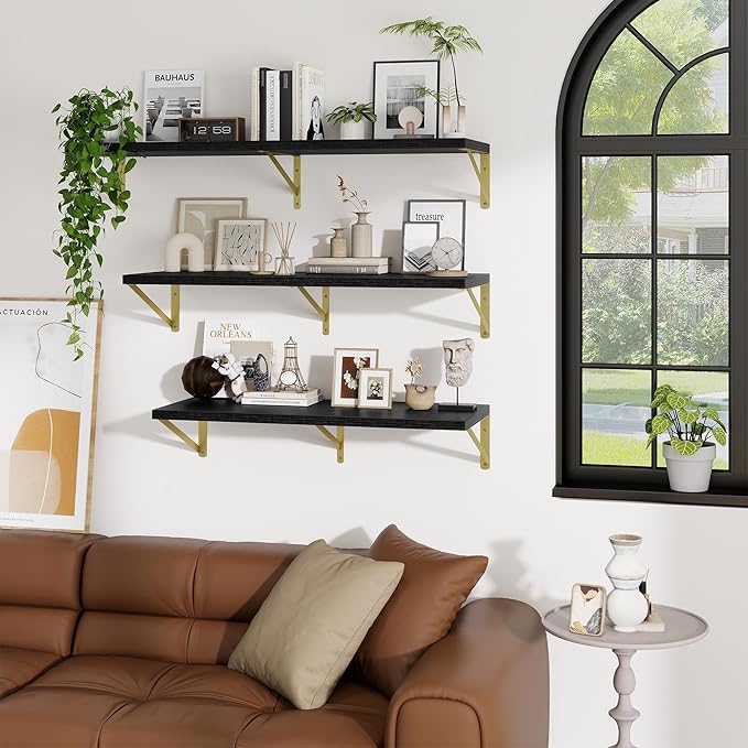 Deep Wall Shelves 16"W x 12"D Engineered Wood Floating Shelves for Wall, Sturdy Metal Bracket(Gold) Bookshelves Home Decor Storage for Living Room Bedroom Bathroom Kitchen, Set of 2, Black Finish