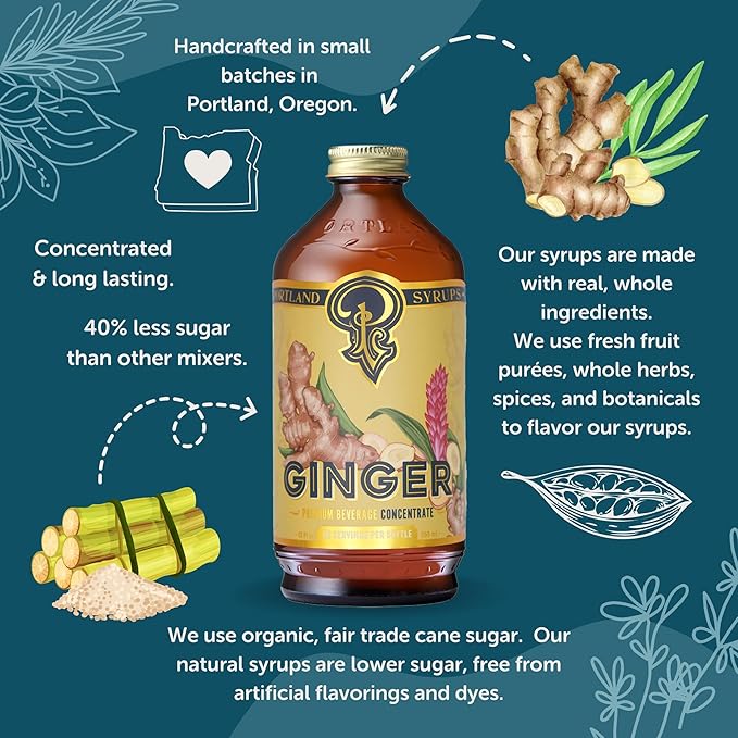 Portland Syrups Authentic Ginger Syrup - Premium Beverage Concentrate for Cocktails, Mocktails, Sodas, and More - Organic Ginger and Cane Sugar - 12oz bottle, 12-24 servings (Pack of 1)