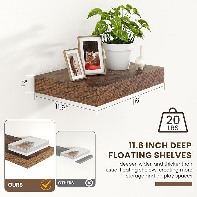 12 Inch Deep Floating Shelves | 16 Inch Brown Floating Shelves Set of 2 | 16W x 12D Rustic Shelves for Wall | Deep Wood Shelves for Living Room Bathroom Kitchen Bedroom