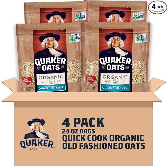 Quaker Organic Quick Cook Oatmeal, Breakfast Cereal, Non-GMO Project Verified, 24 Oz(Pack of 4)