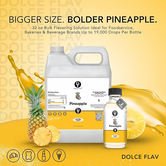 Dolce Flav Pineapple Flavoring – 32 oz. – Premium Oil-Based Extract for Chocolates, Frostings, Baked Goods & Confections | Tropical Flavor for Bakeries & Candy Makers