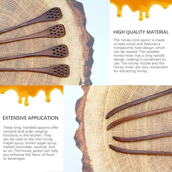 4PCS Wooden Honey Dipper Sticks - Natural Honey Drizzler Stirrer for Tea, Coffee, Syrup (7.3"),Reusable Honey Comb Spoon Set for Jar Dispensing Bread Spread Chocolate Caramel (Brown)