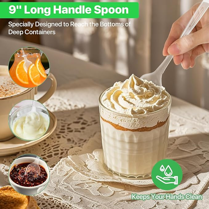 Long Clear Plastic Spoons, 100Pcs Disposable Spoons Heavy Duty Teaspoons 9 Inch Long Handle Spoon for Stirring Ice Cream Milkshakes Stirring Cocktails and Tall Iced Beverages Party Supplies