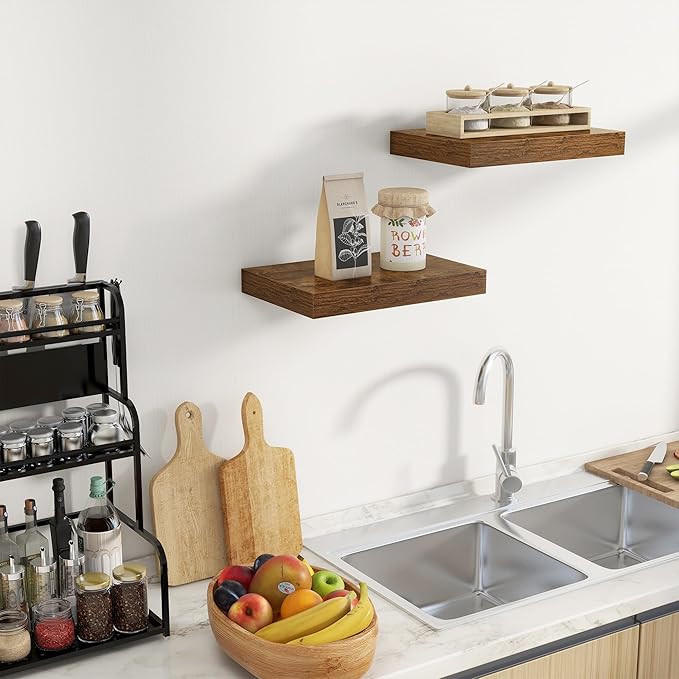 Fun Memories Floating Shelves for Wall - 10 x 16 Floating Shelf - Rustic Wood Storage Shelf - Wall Shelves with Invisible Bracket - 16" Bookshelves for Living Room & Bedroom - Rustic Brown - Set of 2