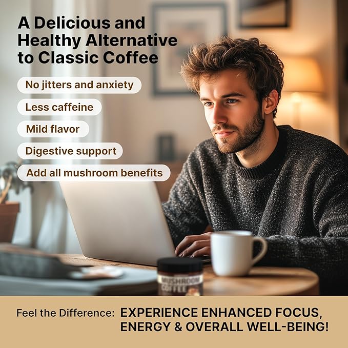 Mushroom Coffee Organic - 9 Mushroom Adaptogen Mix - Lion's Mane, Chaga, Turkey Tail, Reishi, Shiitake - Instant Mushrooms Coffee for Gut Health, Energy, Mental Clarity - 60 Servings
