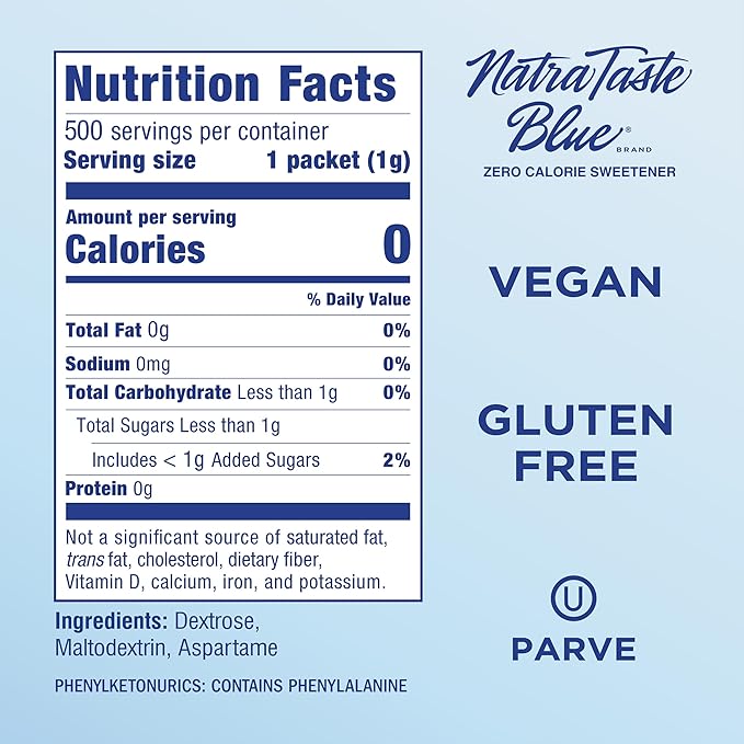 NatraTaste Blue Zero Calorie Aspartame Sweetener Packets, 500 Ct., Gluten Free, Vegan, Sugar Substitute for Hot and Cold Drinks, Coffee, Iced Tea, Baking and More