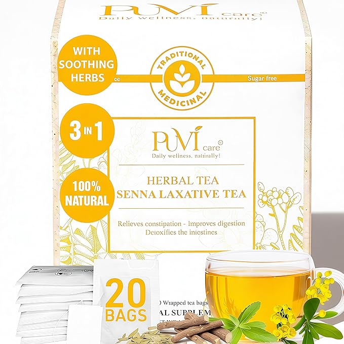 Puvi Care Senna Laxative Tea, Smooth Move Tea for Constipation Relief, Digestive Support, Reducing Discomfort & Bloating | Non-GMO, Sugar-Free, Gluten Free, Daily Wellness | 20 Tea Bags